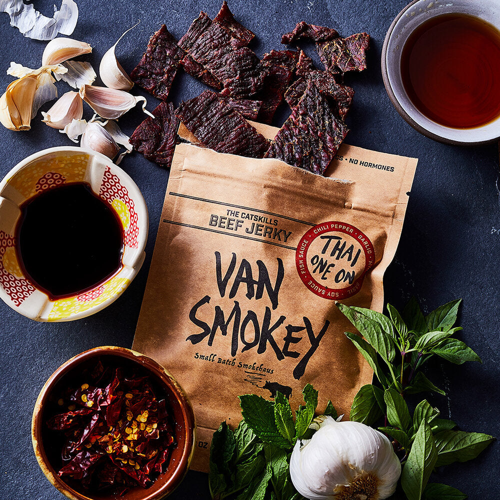 Hickory smoked Thai Beef Jerky. Grass-fed Beef Jerky. Thai spices. Small-batch. Catskills, New York